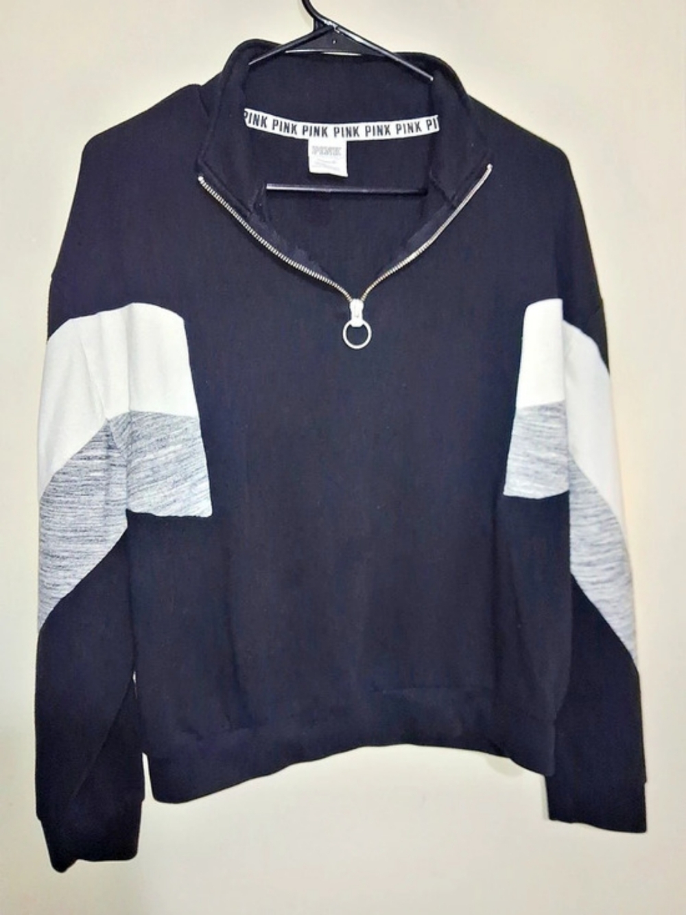 PINK Color Block Zip Neck Pullover